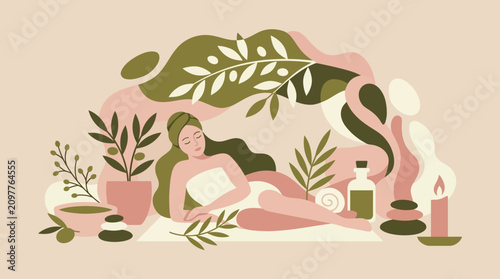 Woman relaxing at spa with massage stones and plants