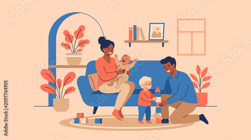 Parents playing with toddler on living room floor