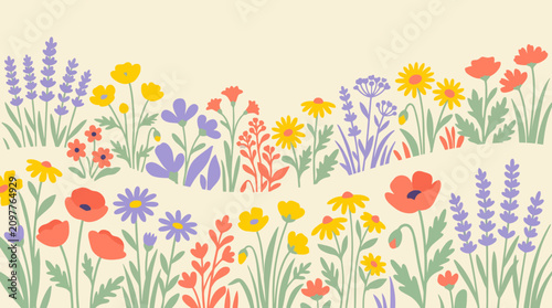 Dense field of colorful wildflowers and lavender blooms.