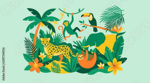 Colorful jungle wildlife with cheetah sloth monkey and toucan.
