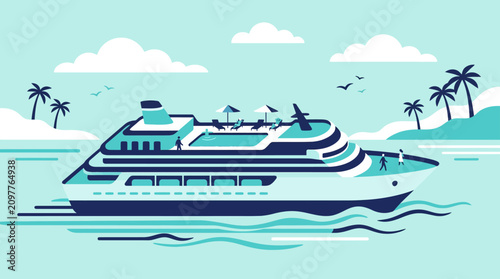 Large cruise ship sailing near tropical island.