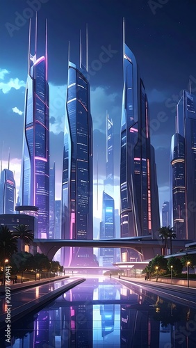 A futuristic cityscape at dusk with sleek skyscrapers and a canal