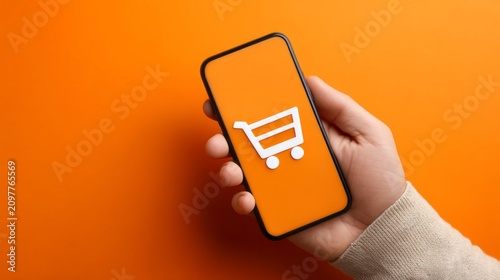A hand firmly grips a sleek smartphone, showcasing a bright shopping cart icon against a lively orange backdrop. This scene reflects the excitement of online shopping and modern technology