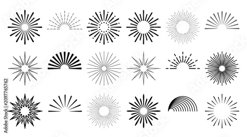 Set of various black sunburst and starburst vector icons with different line styles and shapes on white background, perfect for logo design, vintage branding and decorative graphic elements