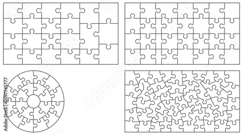 Set of blank jigsaw puzzle templates with various shapes and piece sizes on white background, perfect for educational games, business strategy presentations and creative graphic design