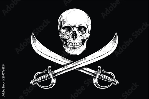 Konstfotografi Jolly roger pirate flag with a white human skull and two crossed cutlass swords