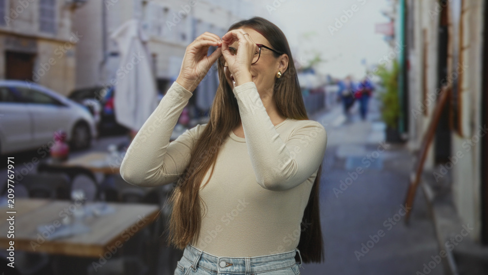 Fototapeta premium Woman forms binoculars with hands over her eyes at an outdoor street cafe beside tables and parked cars, wearing glasses and denim; curiosity discovery.