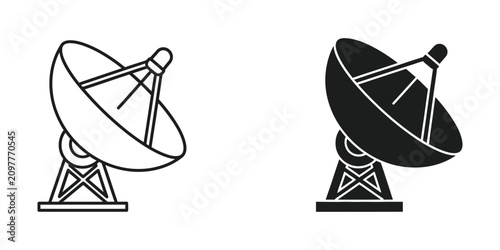 Foto Satellite dish antenna set in outline and solid black style for space communicat
