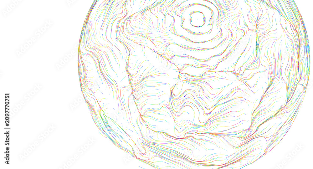 Obraz premium Colorful swirling abstract topographic lines form an orb shape on a white background.