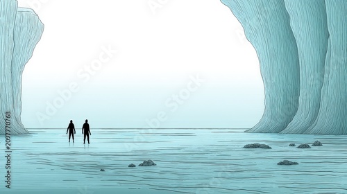 Two People Walking in a Large Ice Cave with Blue and White Shades