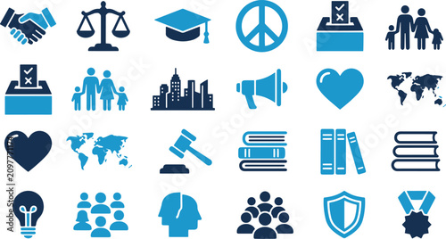 Dual Tone Law and Justice Icons Set, Education Social Welfare Election Vector Illustration Sheet