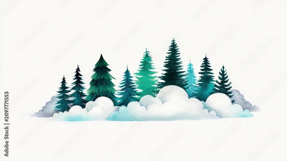 Fototapeta premium Watercolor Painting of Evergreen Trees and Clouds for Nature Decor