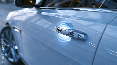 Modern car door unlocking automatically via programmable digital key signal, soft glowing pulse effect near door handle, sleek automotive design in studio setting, realistic paint