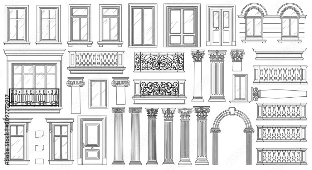 Fototapeta premium Classical Column and Balustrade Elevation Line Art Collection with Windows and Doors 
