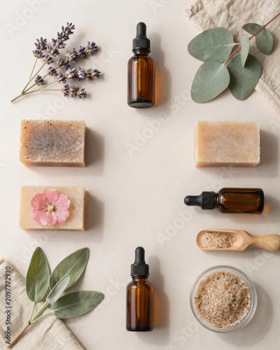 Premium Flat Lay of Natural Herbal Skincare Products with Botanical Soaps, Amber Serum Bottles, Bath Salts, and Fresh Greenery on Soft Pastel Background for Clean Beauty and Wellness Branding