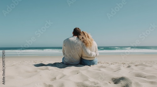 Affectionate couple sitting on white sand beach looking at the blue sky, ocean, sea waves while embracing each other in a calm and peaceful outdoor summer setting, back view