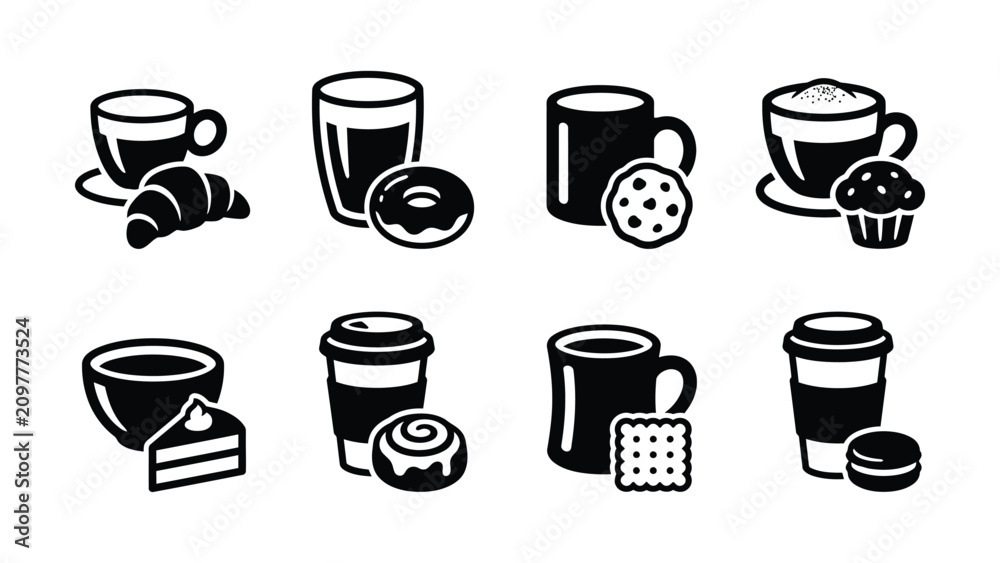 Obraz premium Black and white icons of coffee drinks with various pastries and snacks