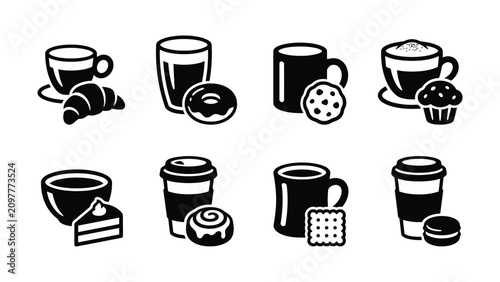 Black and white icons of coffee drinks with various pastries and snacks