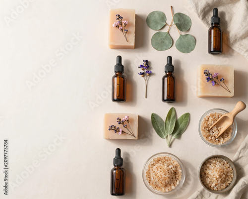 Premium Flat Lay of Natural Herbal Skincare Products with Botanical Soaps, Amber Serum Bottles, Bath Salts, and Fresh Greenery on Soft Pastel Background for Clean Beauty and Wellness Branding