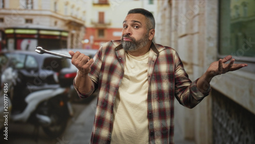 Photos Man mechanic shrugging with wrench and open palms on a narrow street with parked scooters and cars, wearing flannel shirt and t shirt; repair humor