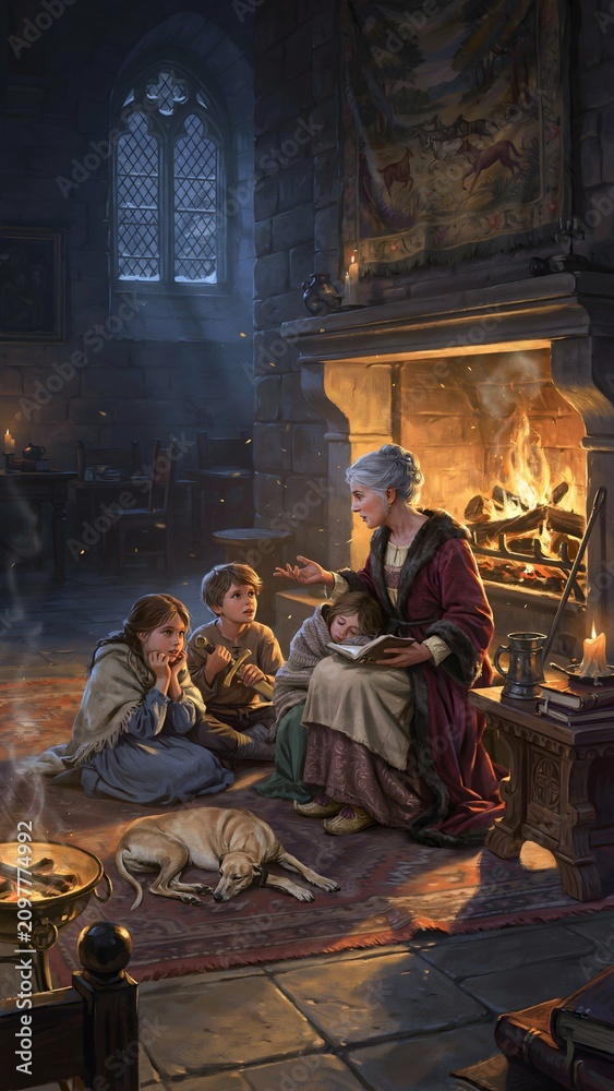 Obraz premium Historical Scene of a Woman Reading to Children by Fireplace in Medieval Castle