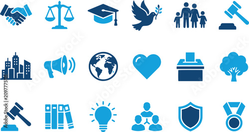 Dual Tone Law and Justice Icons Set, Global Peace Politics Social Welfare Vector Illustration Sheet