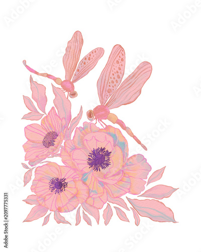 Foto Soft pink dragonflies hover above blooming flowers