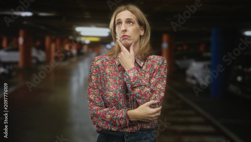 Canvastavla Woman with chin on hand and arm crossed beside parked cars in an underground parking building; uncertainty searching hesitation
