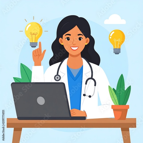 A female doctor with a laptop and lightbulb ideas