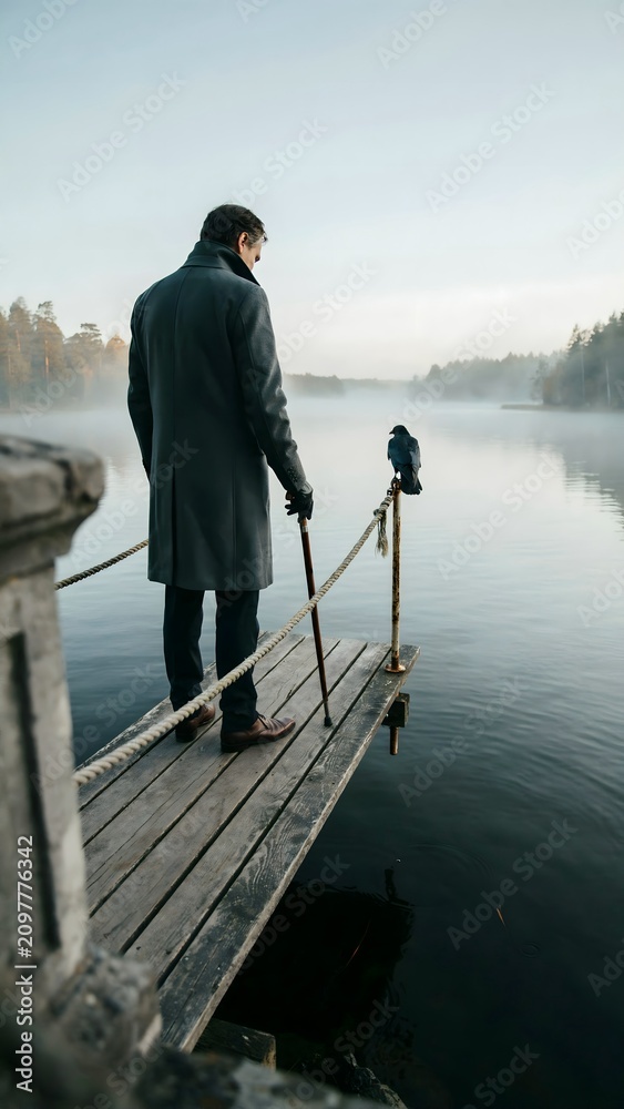 Fototapeta premium Man Standing on Wooden Dock Over Calm Lake with Foggy Forest Background