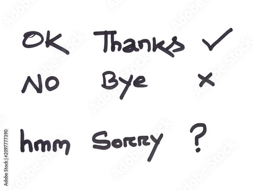 Obraz na plátně Handwritten communication symbols expressing agreement gratitude negation farewe