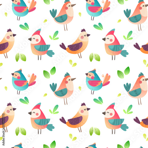 Foto Cute flat multicolor seamless pattern with birds and botanical elements