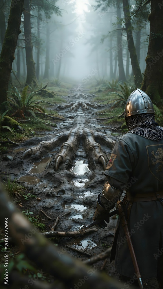 Fototapeta premium Medieval knight in armor walking through misty forest with muddy trail