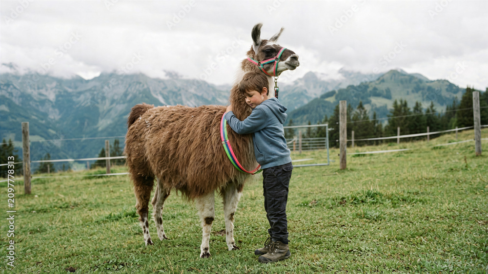 Fototapeta premium Child with emotional trauma hugging large llama on mountain ranch with neon harness on green grass