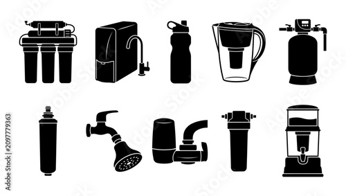 Water Filtration System Icon Set Featuring Residential Purifiers Faucet Filters And Drinking Bottles For Clean Healthy Liquid Purification Solutions