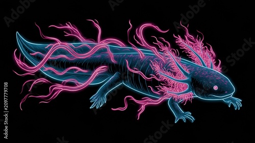 An axolotl appears in side view with bright pink and blue glowing edges on a dark background showing its fluffy gills and body