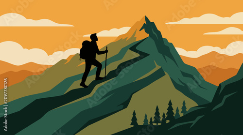 Bild auf Leinwand Minimalist illustration of a hiker ascending a mountain path at sunset