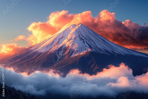 1 photo of Mount Fuji with sunset light 8K resolution, high detail, surreal, cinematic light, soft focus