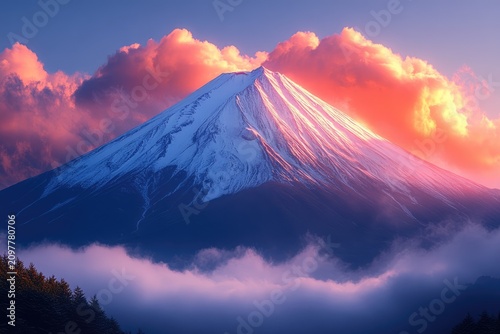 1 photo of Mount Fuji with sunset light 8K resolution, high detail, surreal, cinematic light, soft focus