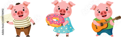 Tableau sur toile Cute Cartoon Pig Characters Collection, Funny Farm Animal Vector Illustration fo