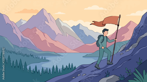 Obraz na plátně Determined hiker with flag conquering mountain peak, adventure concept