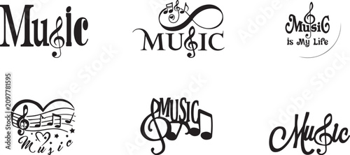 Calligraphic music typography set, elegant black music notes and treble clef logos, 6 creative musical lettering designs for branding and print
