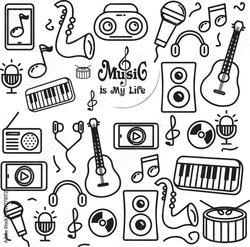 Music doodle icons set in hand drawn line art style, musical instrument vector collection, black and white audio equipment illustrations