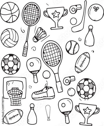 Hand drawn sports equipment doodles, black and white athletic icons set, sketch style balls and trophies vector for coloring or school projects