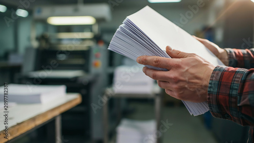 Hands holding big stack of white paper in printing house