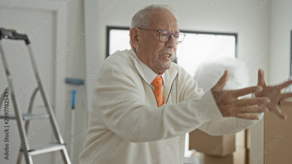 Fototapeta premium Elderly man, grey-haired and wearing glasses and an orange tie, gestures with hands while tossing packing foam amid moving boxes and a ladder inside a building; frustration.