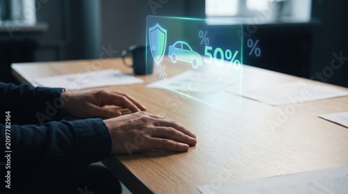 Futuristic Auto Insurance Policy Hologram Display Above Modern Desk, Car Coverage Shield Icons, Digital Risk Protection Technology, InsurTech Finance Concept, Business Security Innovation