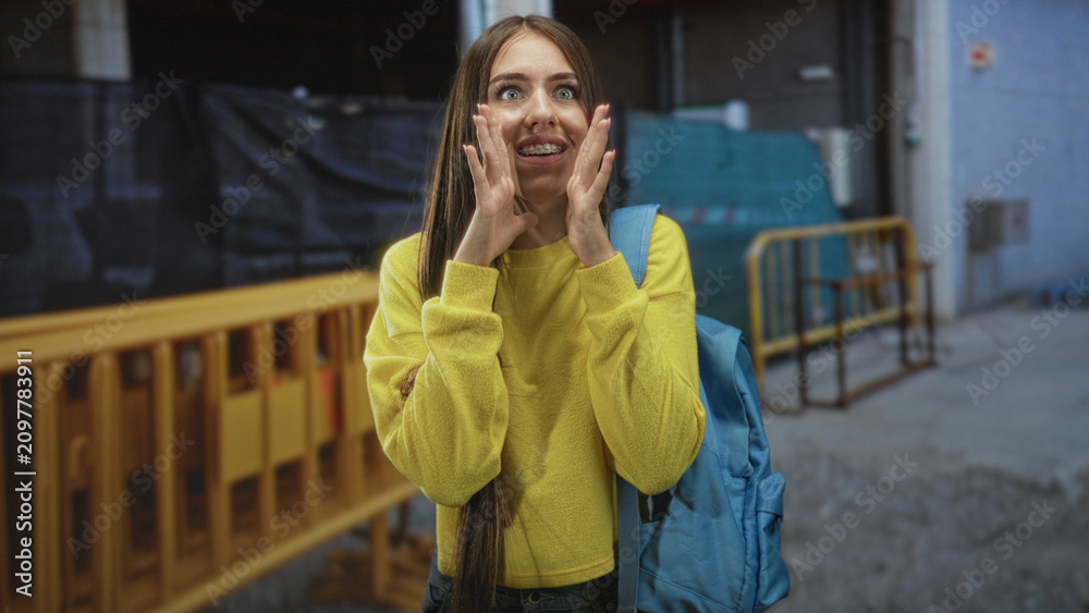 Fototapeta premium Teenage girl with backpack cupping hands at mouth calling on street near construction barriers, yellow sweater and visible braces; joyful energy.