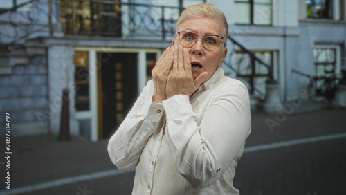Tableau sur toile Middle aged woman covers face with hands while standing on city street in front of building; surprise vulnerability