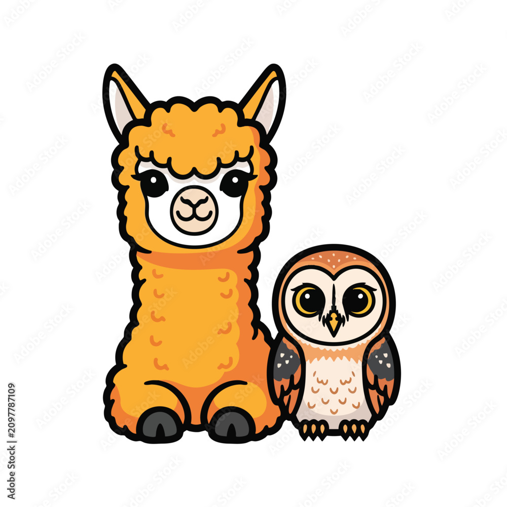 Fototapeta premium Llama and owl cartoon friends 1.